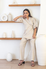 Sand Wrap-Style Top & Straight-Leg Pants Co-Ord Set