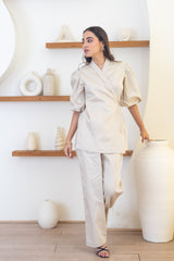 Sand Wrap-Style Top & Straight-Leg Pants Co-Ord Set
