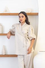 Sand Wrap-Style Top & Straight-Leg Pants Co-Ord Set