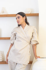 Sand Wrap-Style Top & Straight-Leg Pants Co-Ord Set